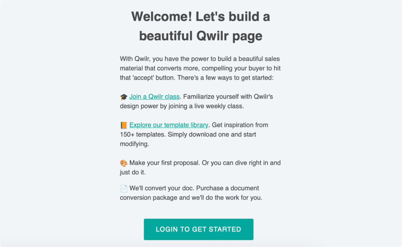 Qwilr welcome email screenshot