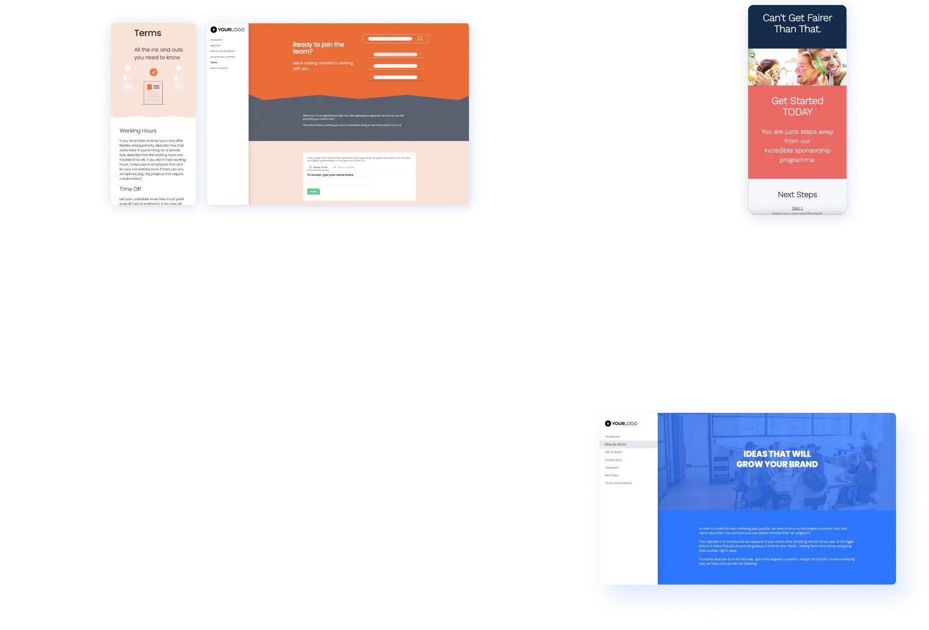 colorful Better Proposals templates shown on desktop and mobile