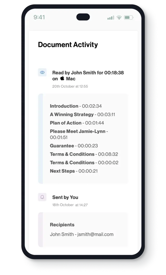 Document activity - track opens, what they read, how long, and which device they used.