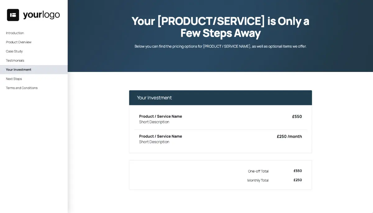 General Product Proposal Template - Deep Blue - Pricing