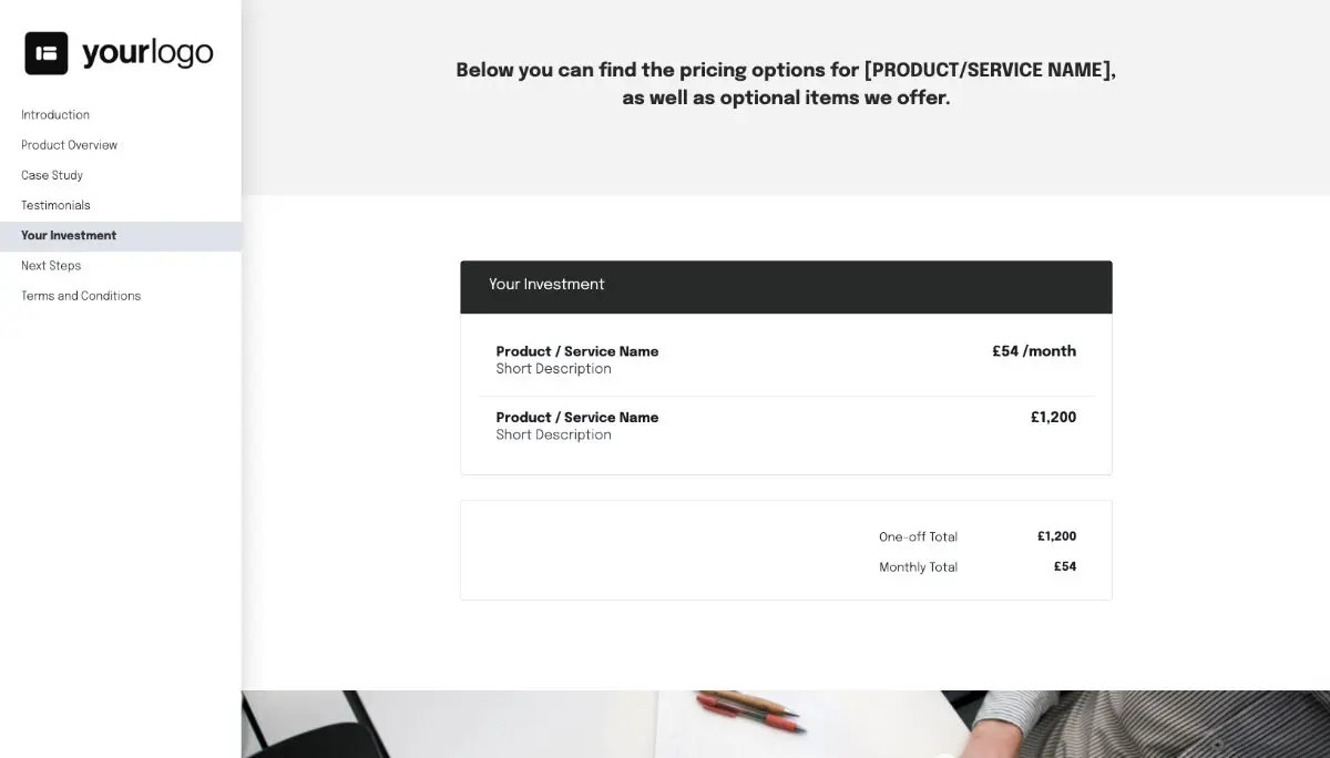 General Product Proposal Template - Light Blue - Pricing