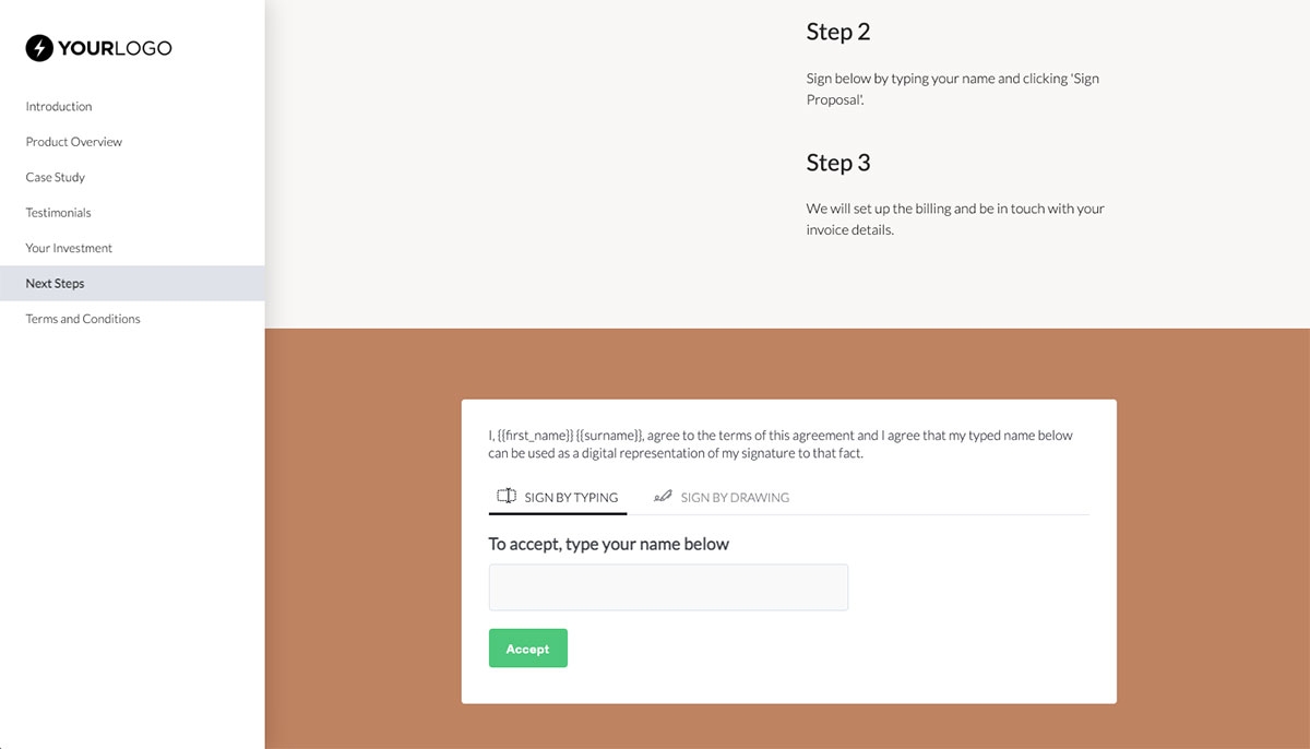 General Product Proposal Template - Dark Green - Next steps with digital signing