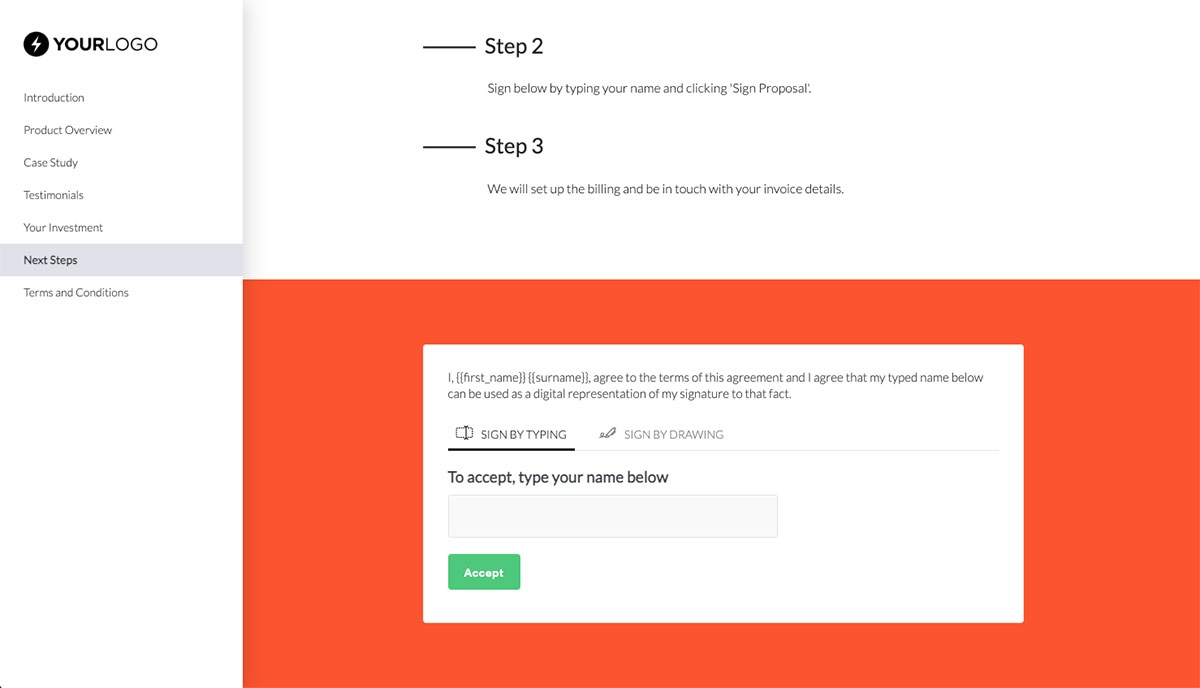 General Product Proposal Template - Bright Orange - Next steps with digital signing