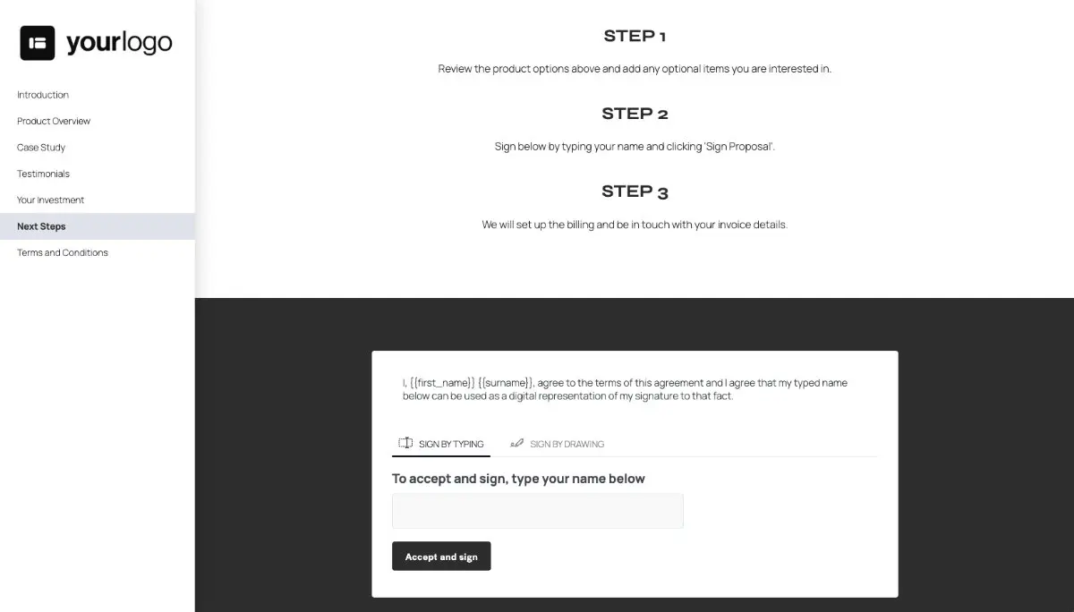 General Product Proposal Template - Dark Gray - Next steps with digital signing