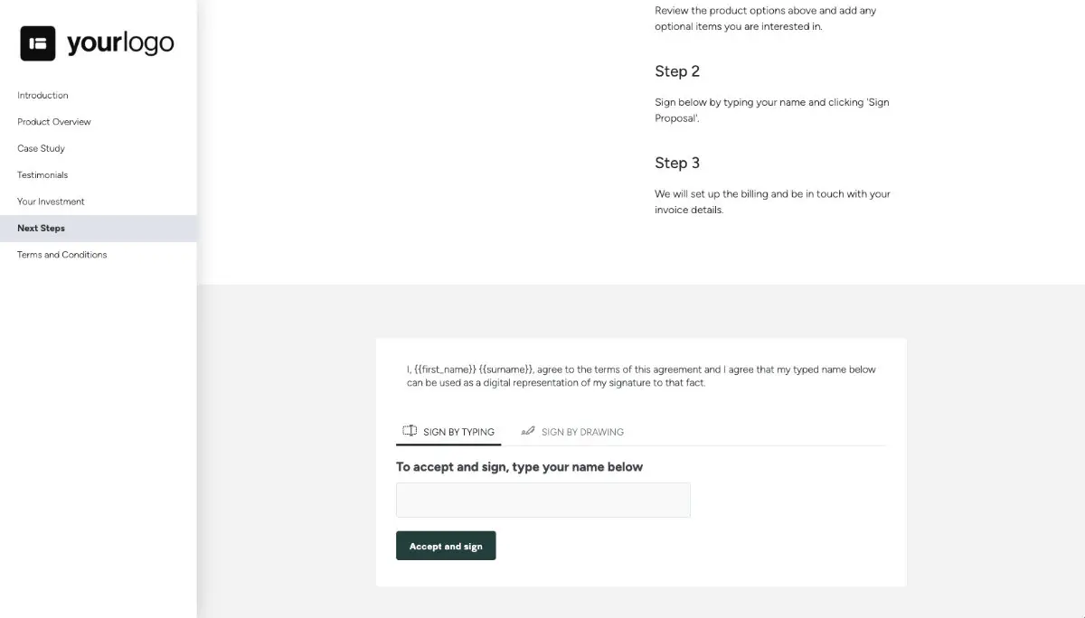 General Product Proposal Template - Dark Green - Next steps with digital signing