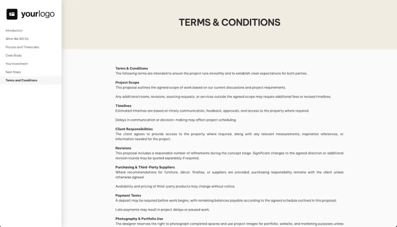 Interior Design Consultation Proposal Template - Pre-written terms and conditions