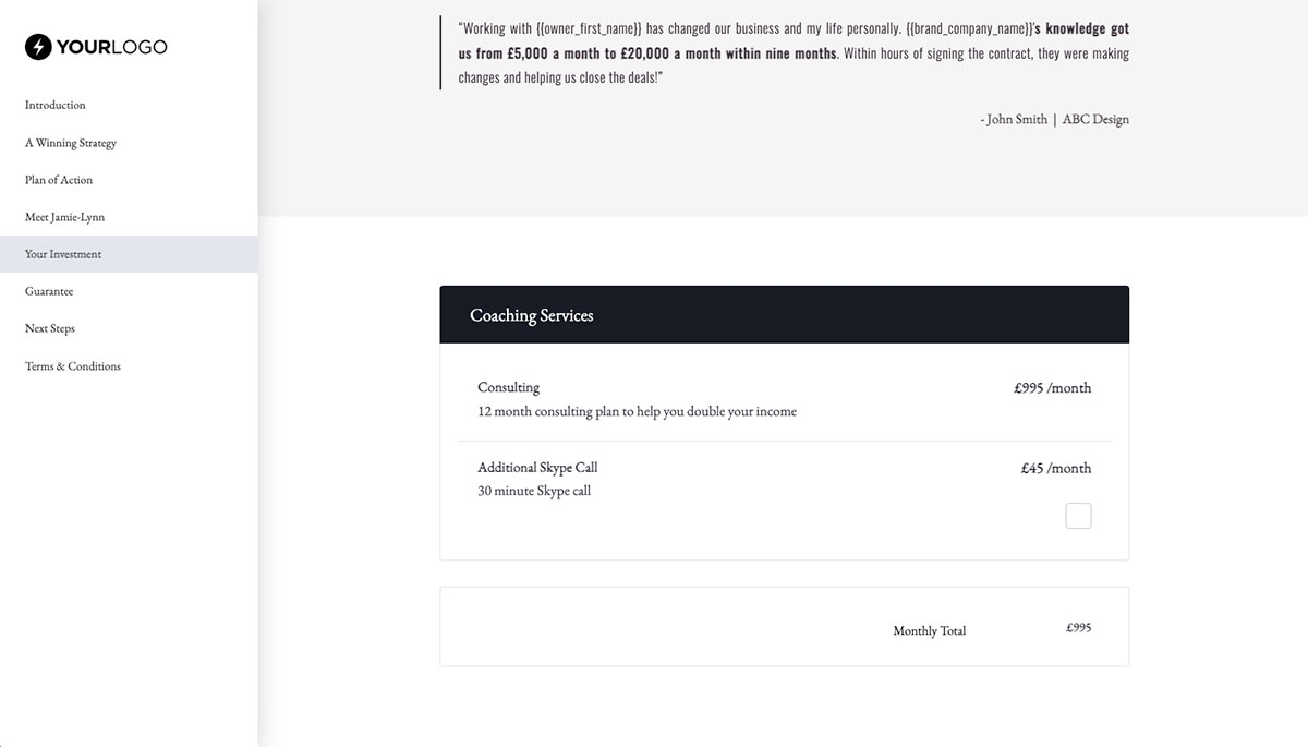 Business Coaching Proposal Template - Pricing