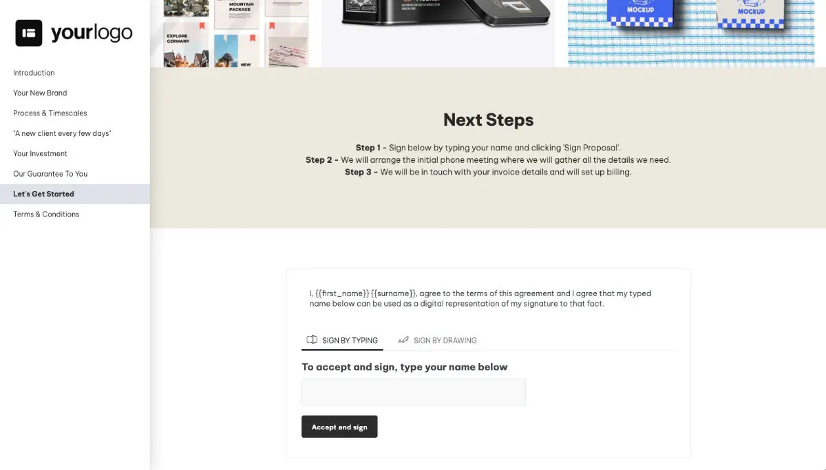Brand Design Proposal Template - Next steps with digital signing