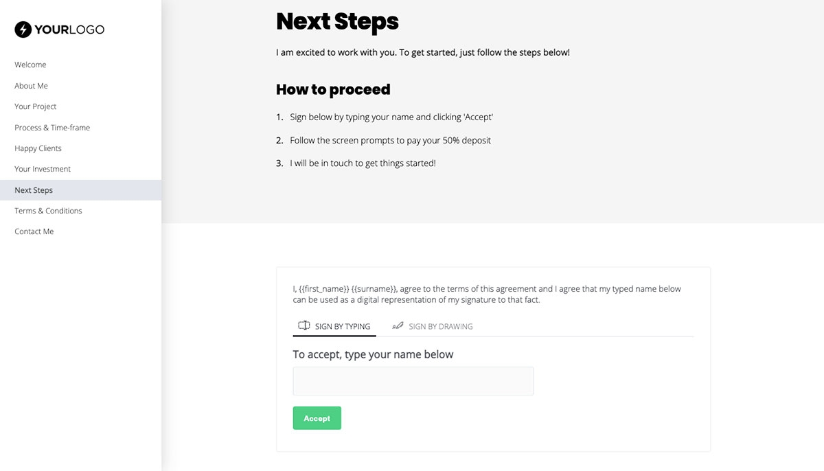 Freelance Design Proposal Template - Next steps with digital signing