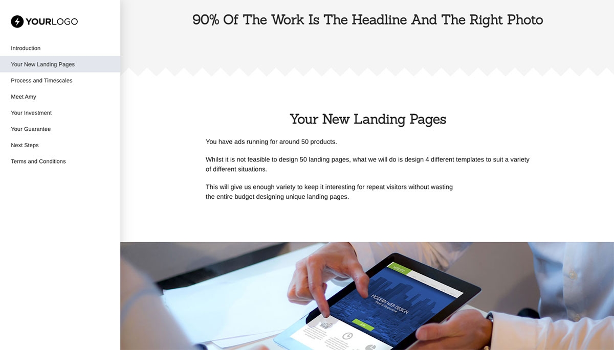 Landing Page Design Proposal Template - Pre-written services section