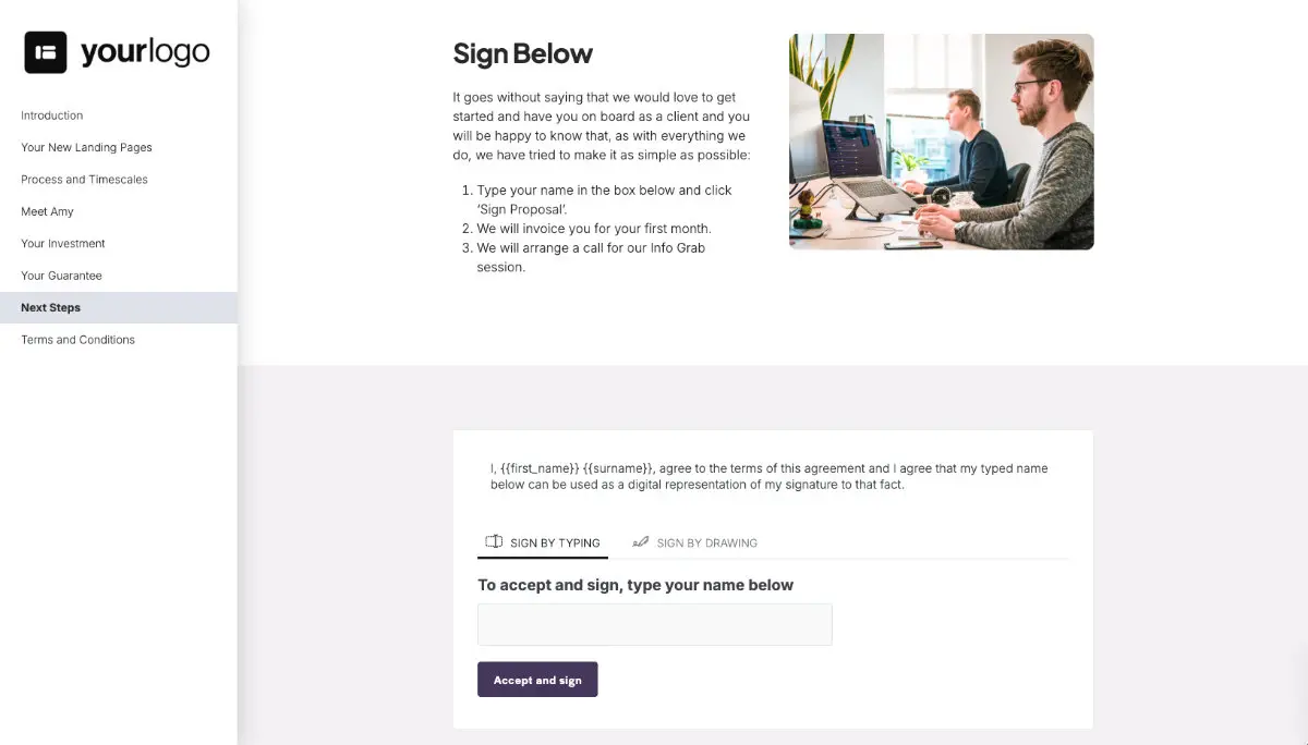 Landing Page Design Proposal Template - Next steps with digital signing
