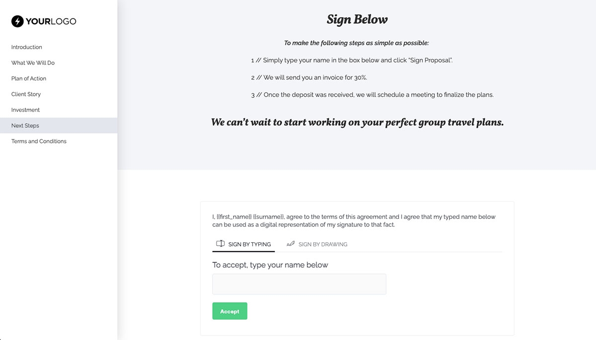 Hotel Groups Proposal Template - Next steps with digital signing