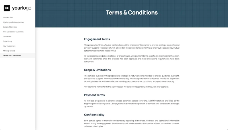 Fractional CFO Proposal Template - Pre-written terms and conditions