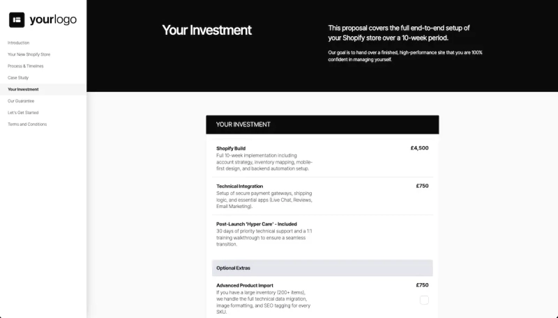 Shopify Ecommerce Development Proposal Template - Pricing that's easy to follow