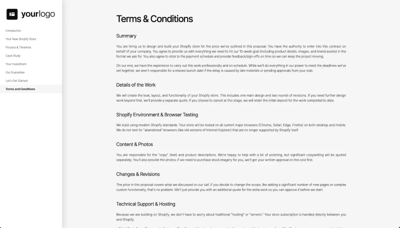 Shopify Ecommerce Development Proposal Template - Pre-written terms and conditions
