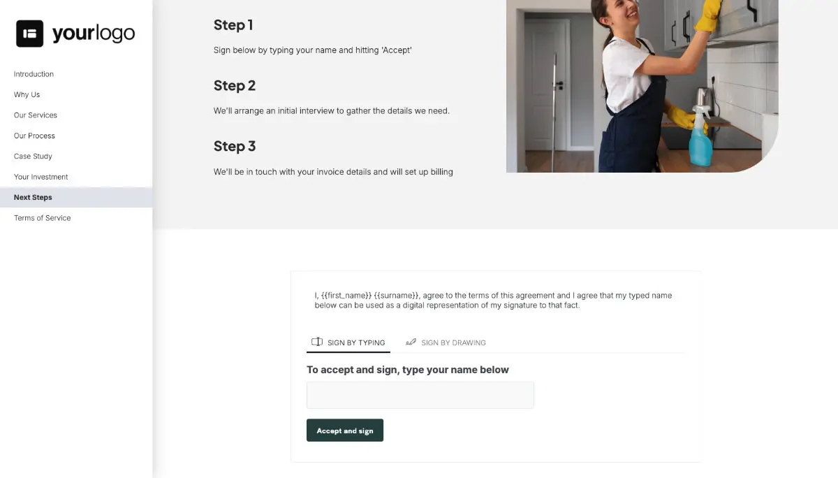 Cleaning Service Proposal Template - Next steps with digital signing