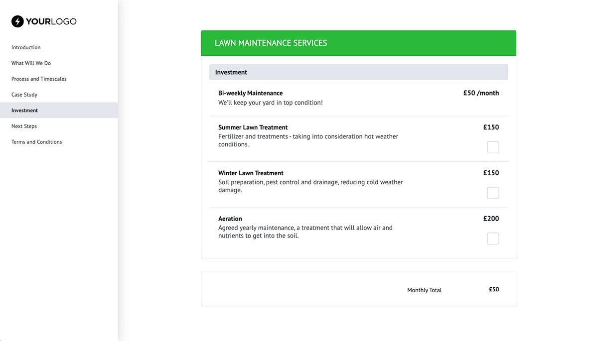 Lawn Maintenance Proposal Template - Pricing