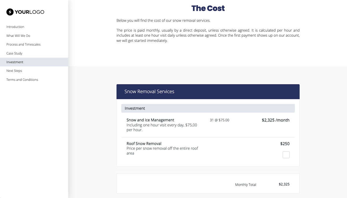 Snow Removal Proposal Template - Pricing