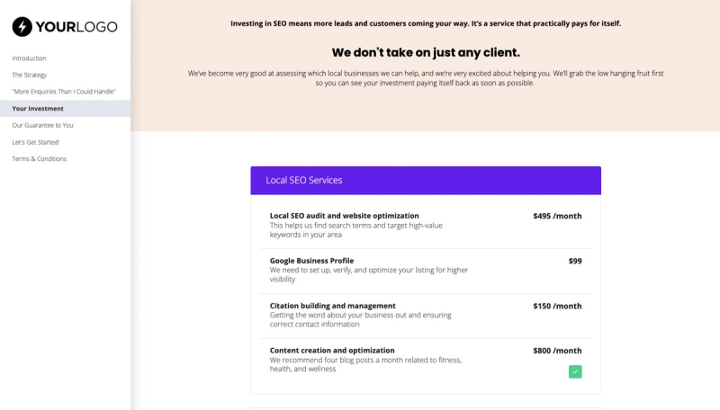 Local SEO Proposal Template - A pricing section