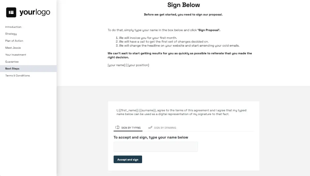 Conversion Rate Optimisation Proposal Template - Next steps with digital signing