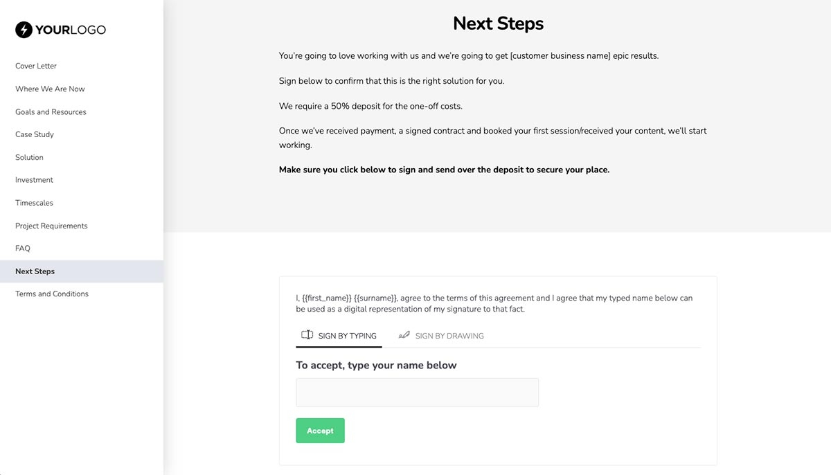 Marketing Funnels Proposal Template - Next steps with digital signing