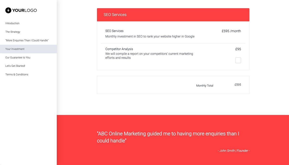 SEO Proposal Template - The pricing section