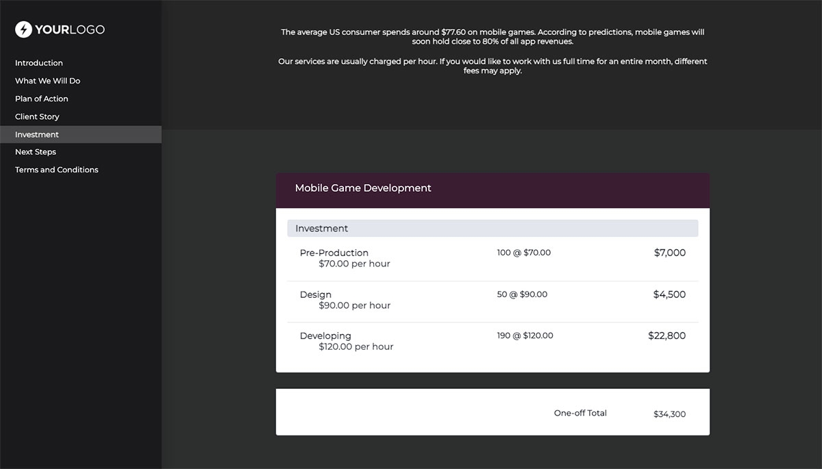 Mobile Game Development Proposal Template - Pricing