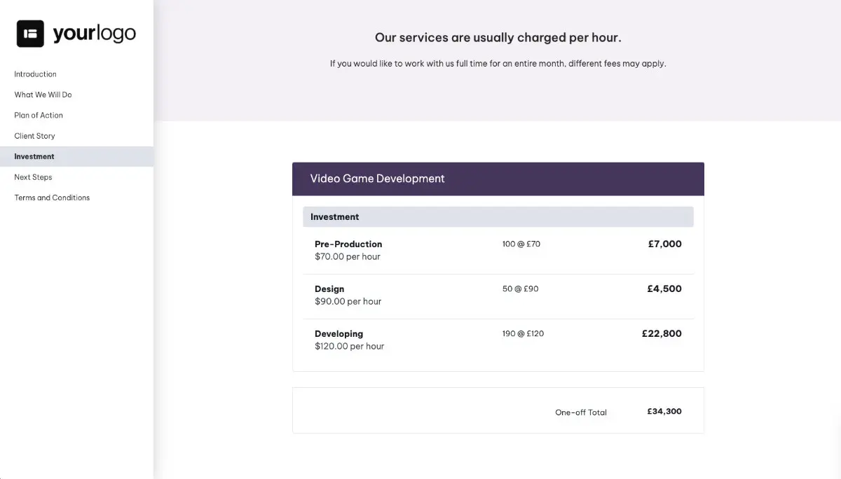 Video Game Development Proposal Template - Pricing
