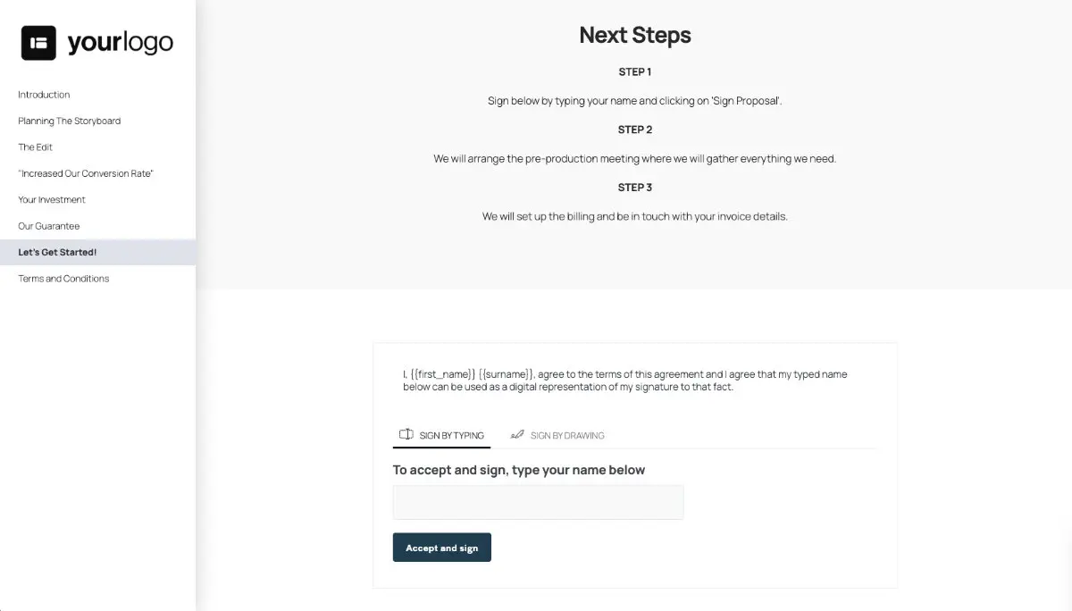 Website Explainer Video Proposal Template - Next steps with digital signing
