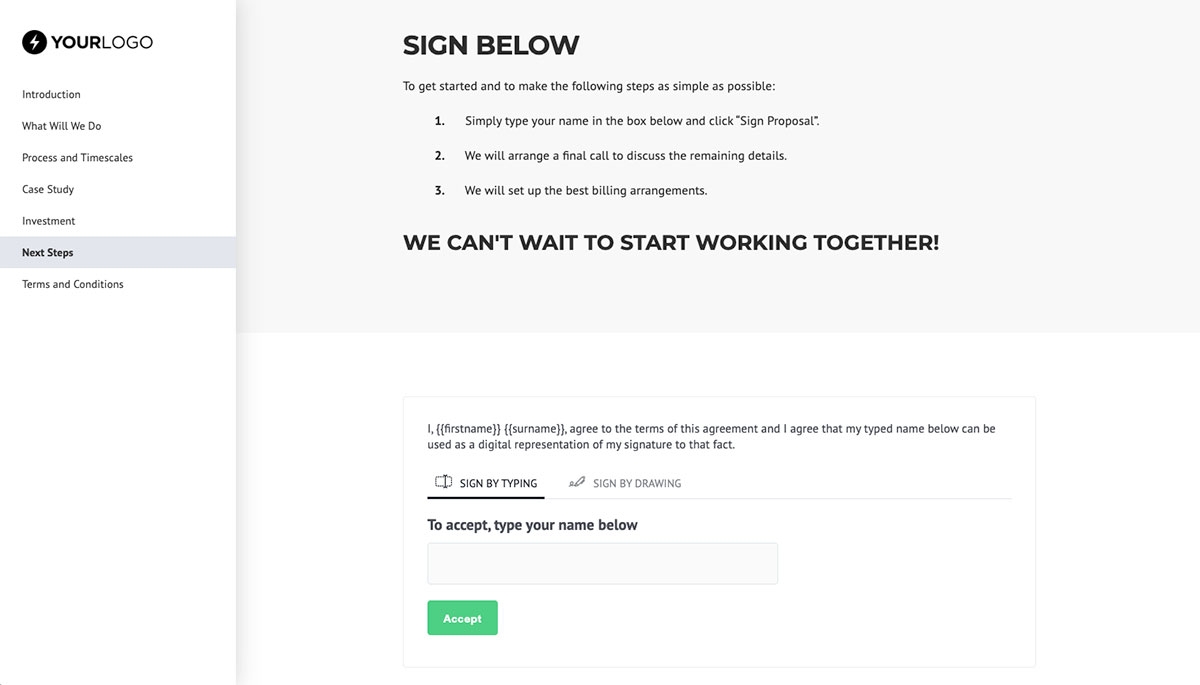 Small Business Web Design Proposal Template - Next steps with digital signing