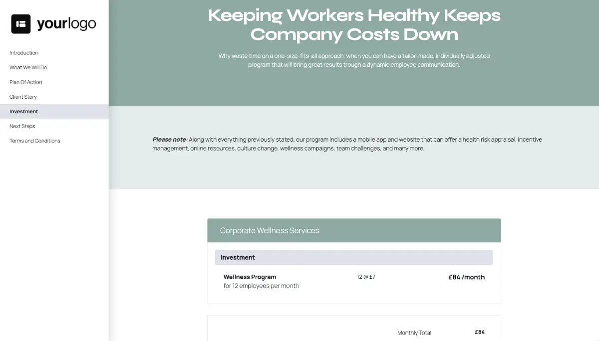Corporate Wellness Quote Template - Pricing