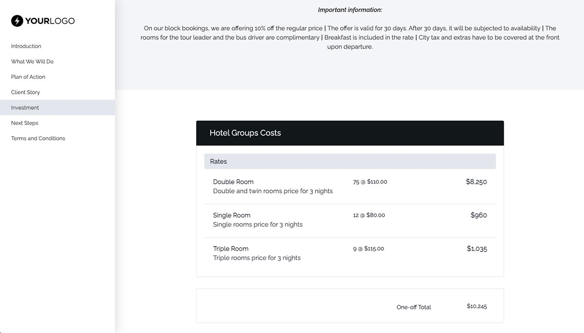 Hotel Groups Quote Template - Pricing