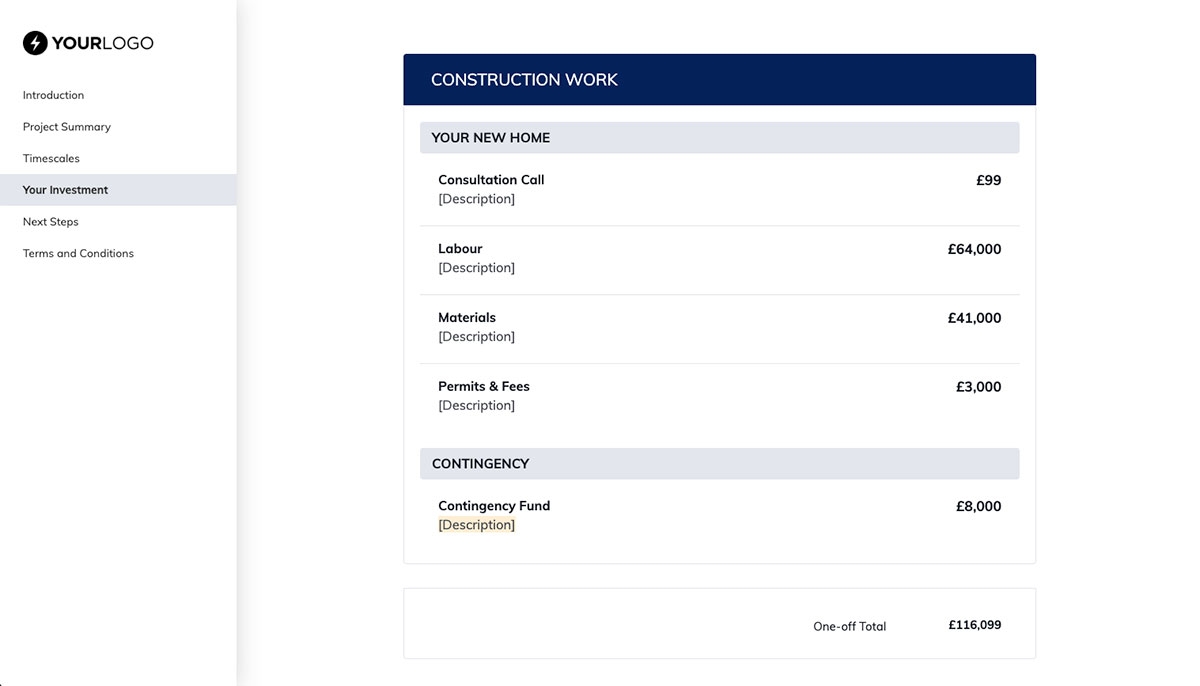 Construction Work Quote Template - Pricing