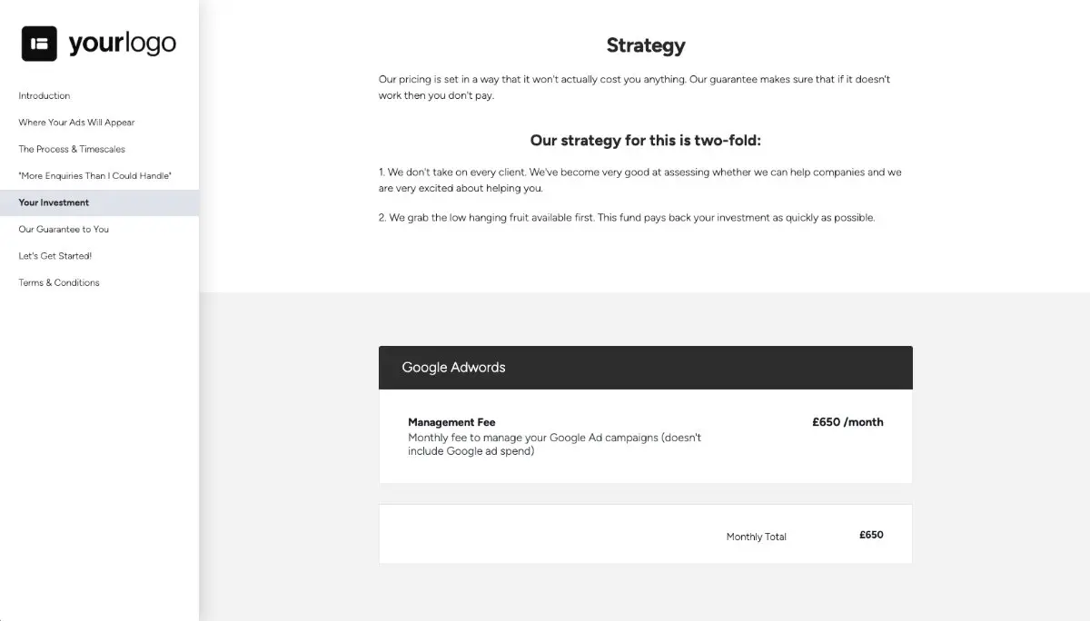 Google Adwords Quote Template - Pricing