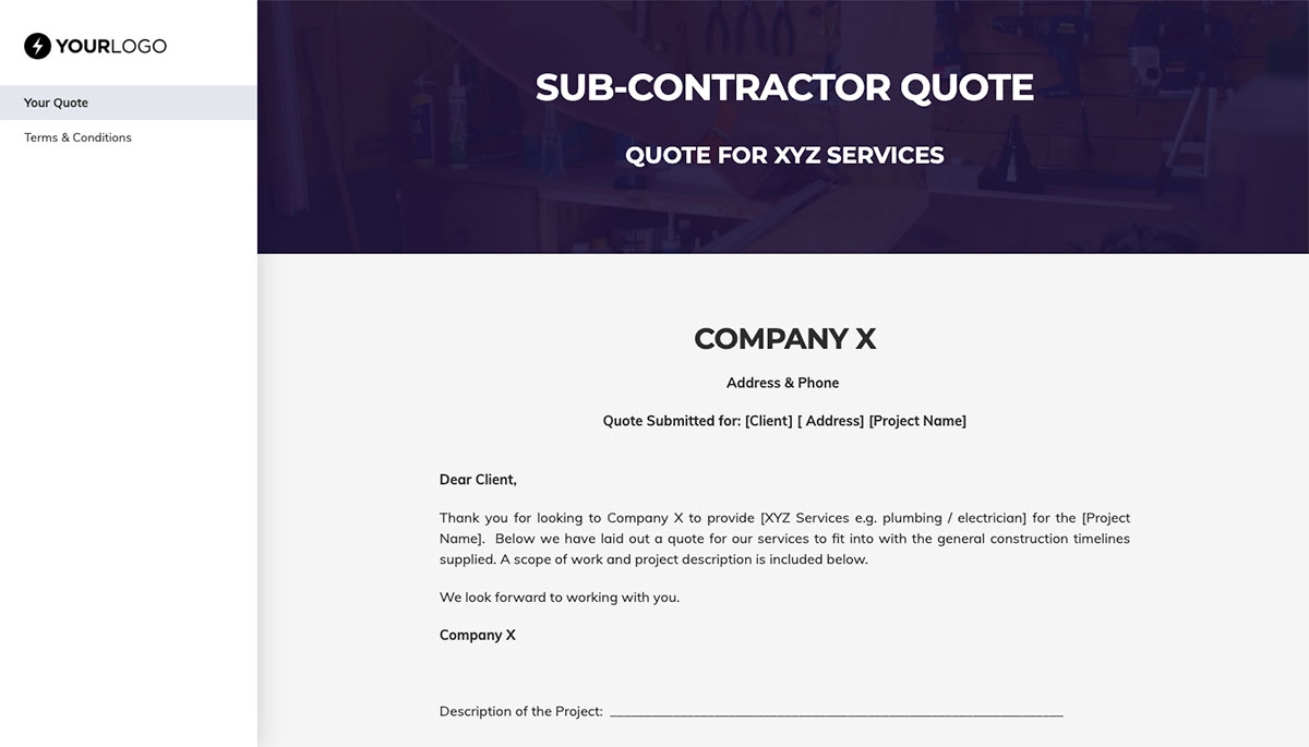 Subcontractor Quote Template - Cover Letter